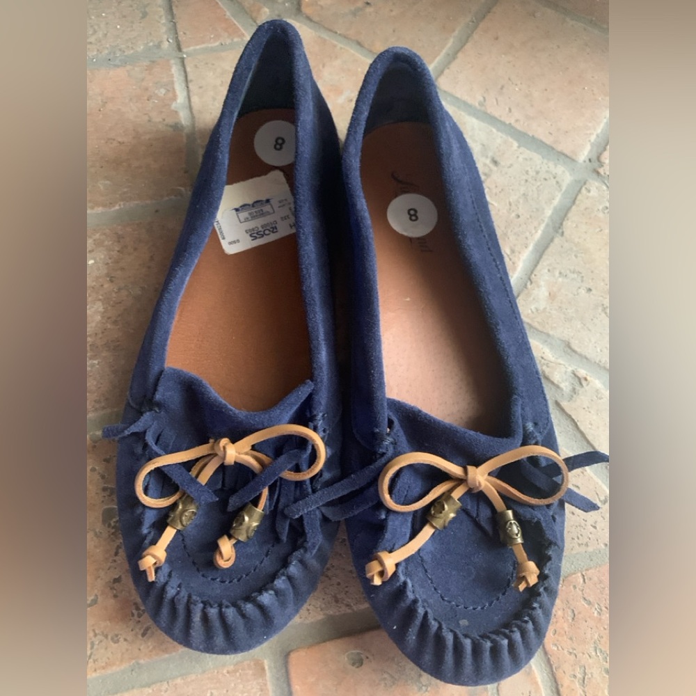 Lucky Brand Aimee Blue Suede Moccasins with Tan Accents - Picture 2 of 10
